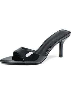 Women Patent Black Faux Leather Pointed Open Peep Toe Backless Summer High Heel